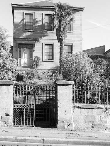 Black and white photograph of two storey-ashlar sandstone house, built by Alexander Orr by 1845