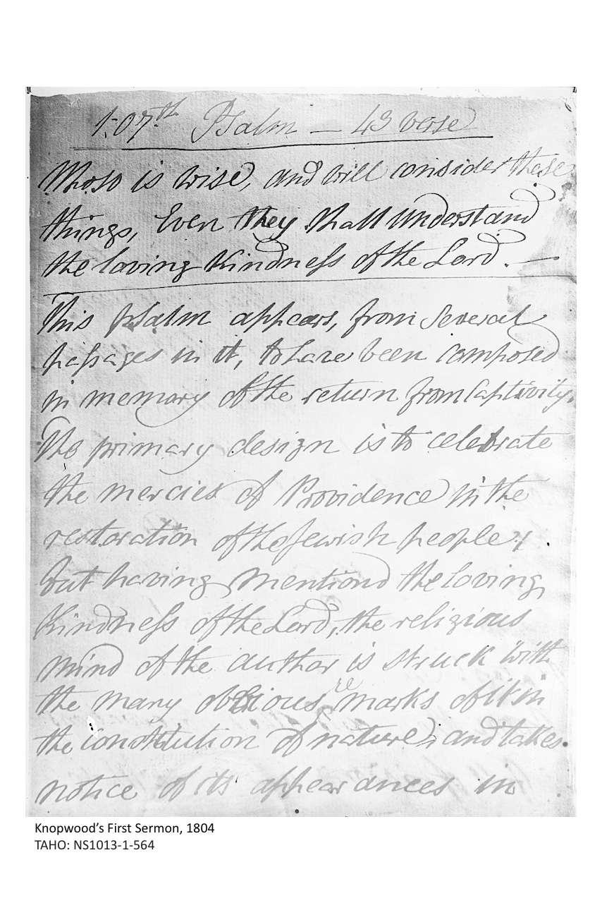 A photograph of the first sermon written and delivered by Reverend Robert Knopwood in 1804. Courtesy of Tasmanian Archive and Heritage Office.